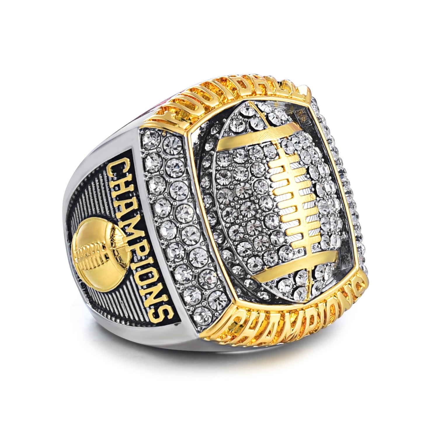 Football Championship Ring, Crystal Rhinestone Studded, Two-Tone Gold and Silver, Sports Champions Memorabilia