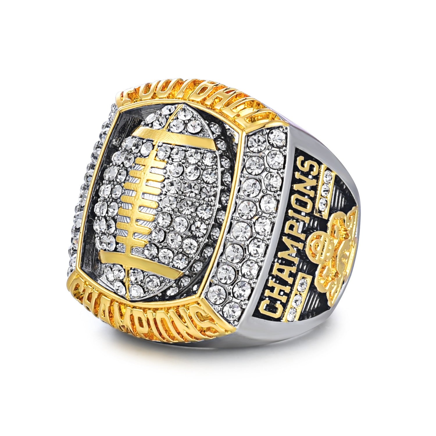 Football Championship Ring, Crystal Rhinestone Studded, Two-Tone Gold and Silver, Sports Champions Memorabilia