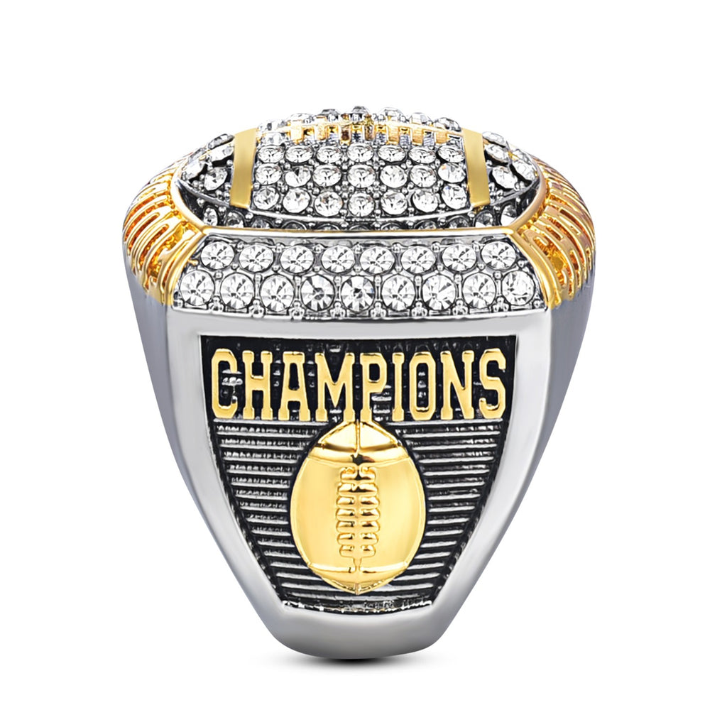 Football Championship Ring, Crystal Rhinestone Studded, Two-Tone Gold and Silver, Sports Champions Memorabilia
