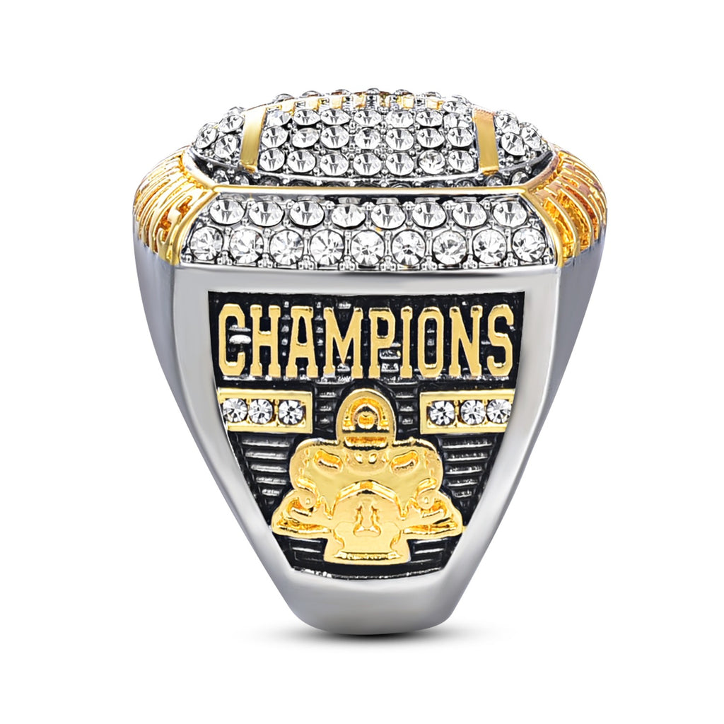 Football Championship Ring, Crystal Rhinestone Studded, Two-Tone Gold and Silver, Sports Champions Memorabilia