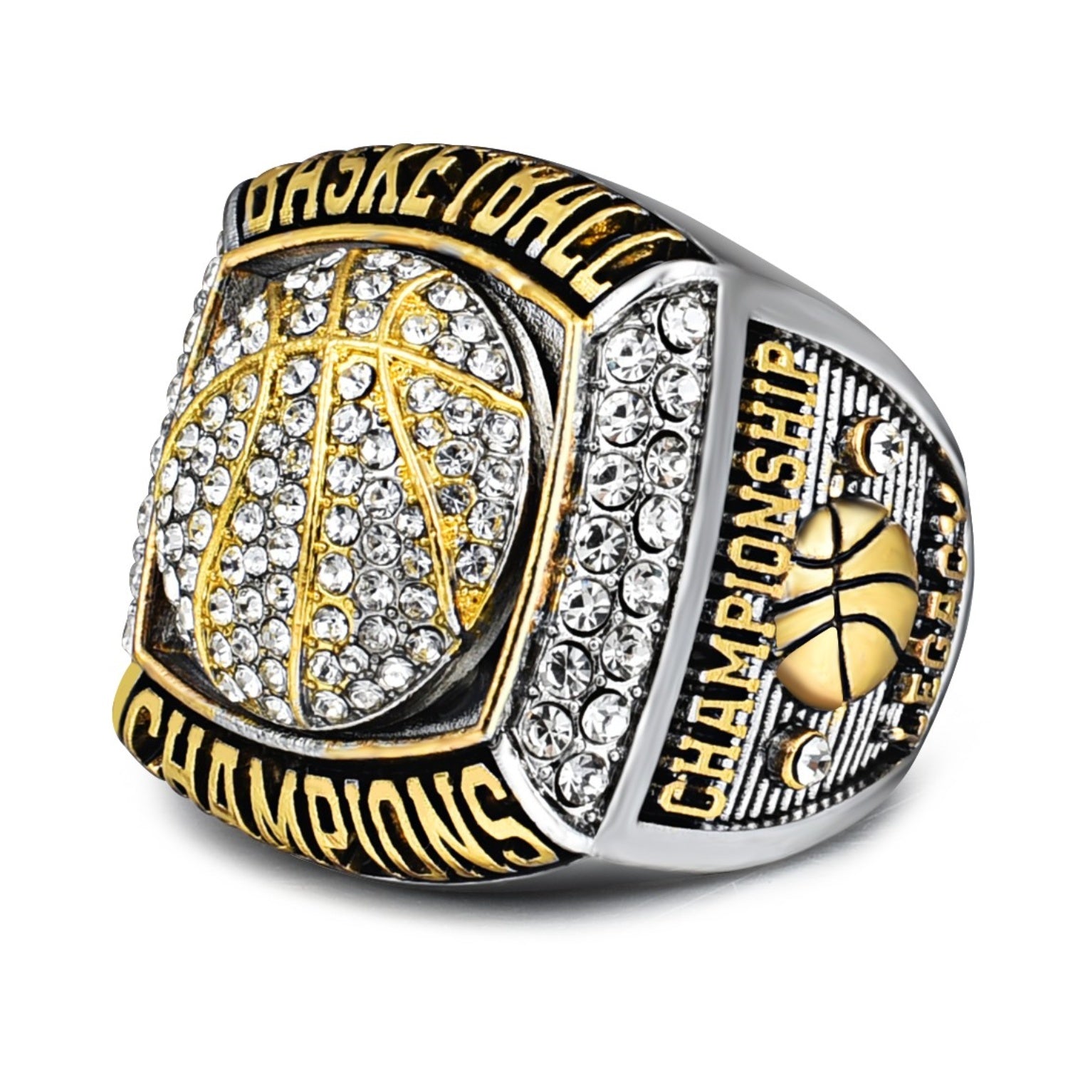Basketball Championship Ring Gold & Silver MVP with Crystals “Victory Through Unity” Team Award Ring for Basketball Tournaments, Players, Coaches, Collectors