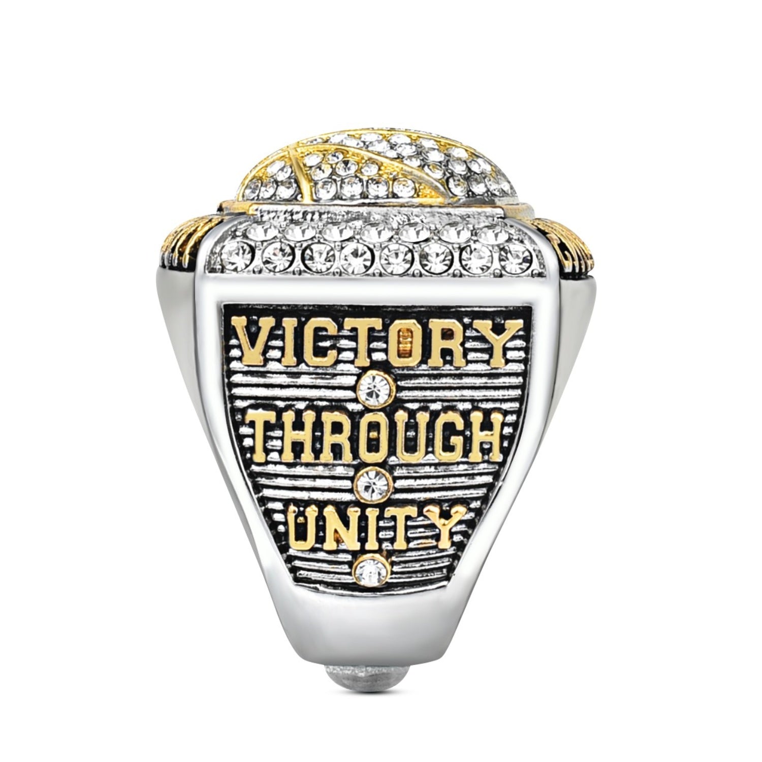 Basketball Championship Ring Gold & Silver MVP with Crystals “Victory Through Unity” Team Award Ring for Basketball Tournaments, Players, Coaches, Collectors