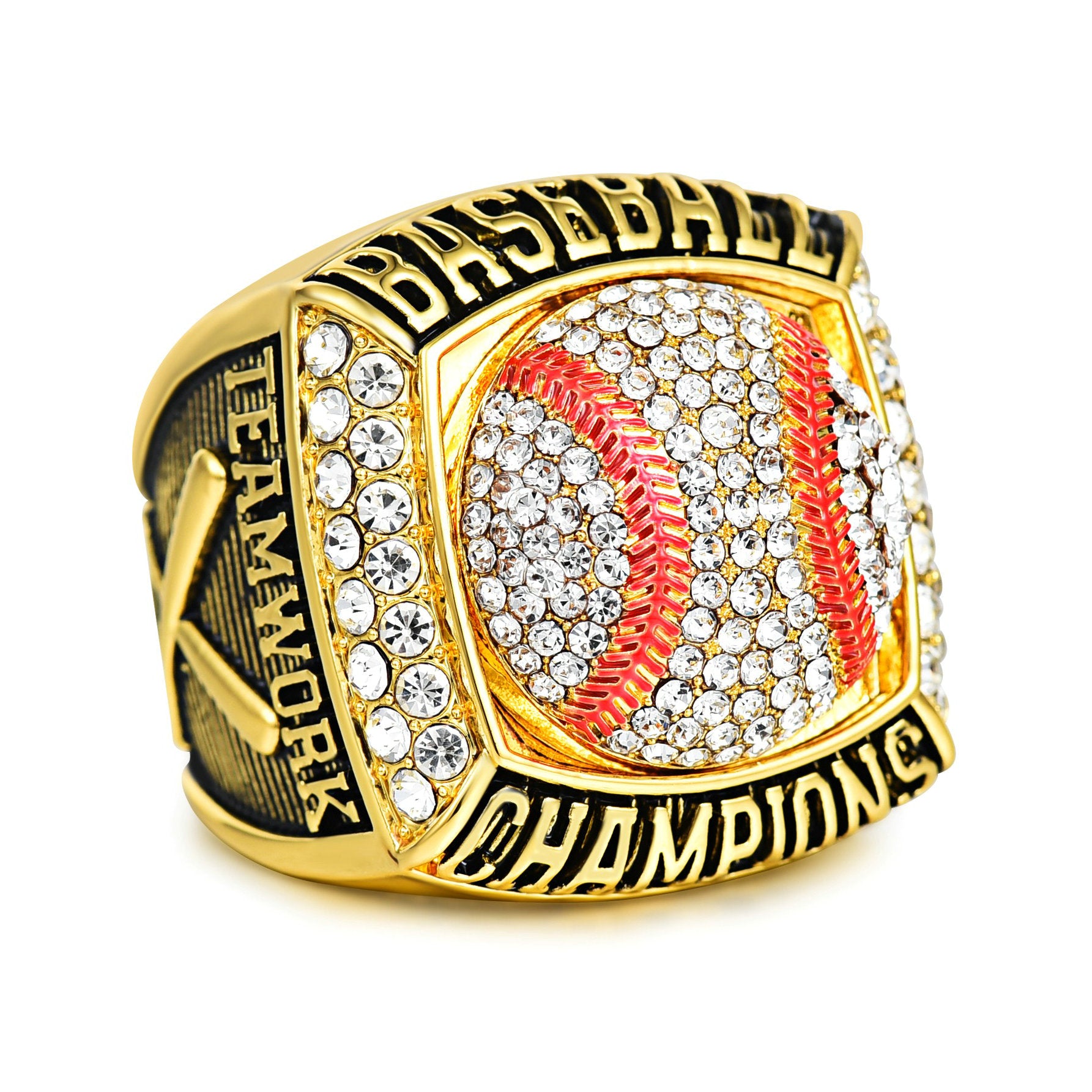 Baseball Championship Ring Luxury Gold Electroplated Trophy Ring with Crystals, Sports Memorabilia Gift for Baseball Fans Players and Coaches